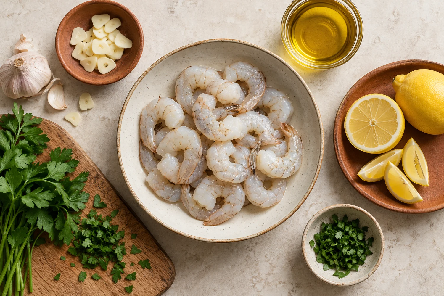 Rohe Garnelen mit Knoblauch, Zitrone und Petersilie vorbereitet