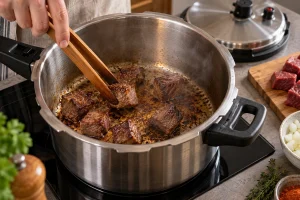 Rindfleischwürfel werden portionsweise im offenen Schnellkochtopf kräftig angebraten