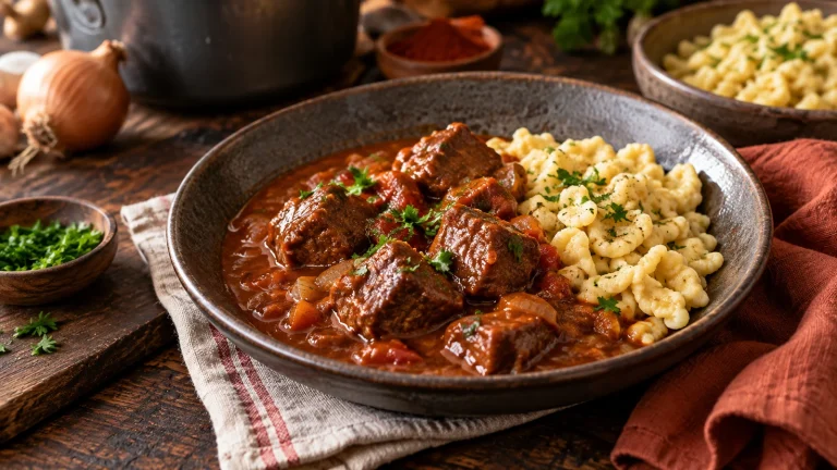 Rindergulasch aus dem Schnellkochtopf mit kräftiger Paprikasauce und Spätzle