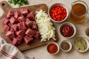 Rindfleischwürfel, Zwiebeln, Paprika, Tomatenmark, Brühe und Gewürze für Gulasch im Schnellkochtopf