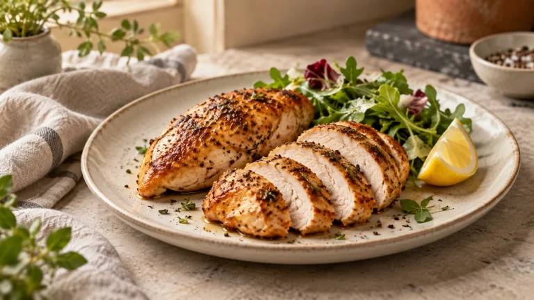 Saftige Hähnchenbrust aus dem Airfryer mit Salat und Zitrone