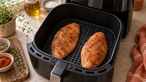 Gewürzte Hähnchenbrustfilets liegen mit Abstand im Airfryer-Korb