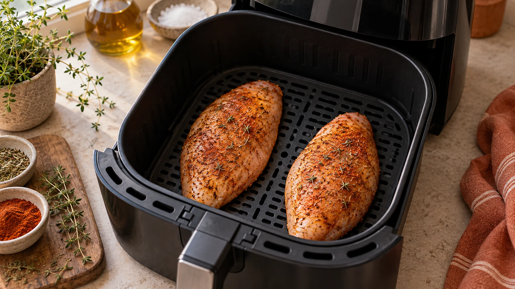Gewürzte Hähnchenbrustfilets liegen mit Abstand im Airfryer-Korb