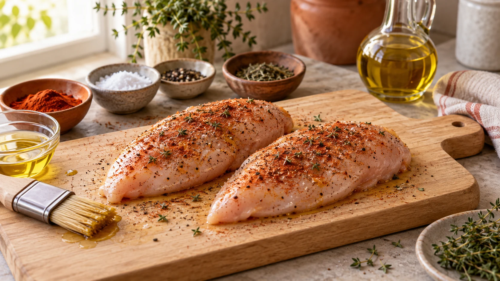 Gleichmäßig dicke Hähnchenbrustfilets werden mit Öl und Gewürzen vorbereitet