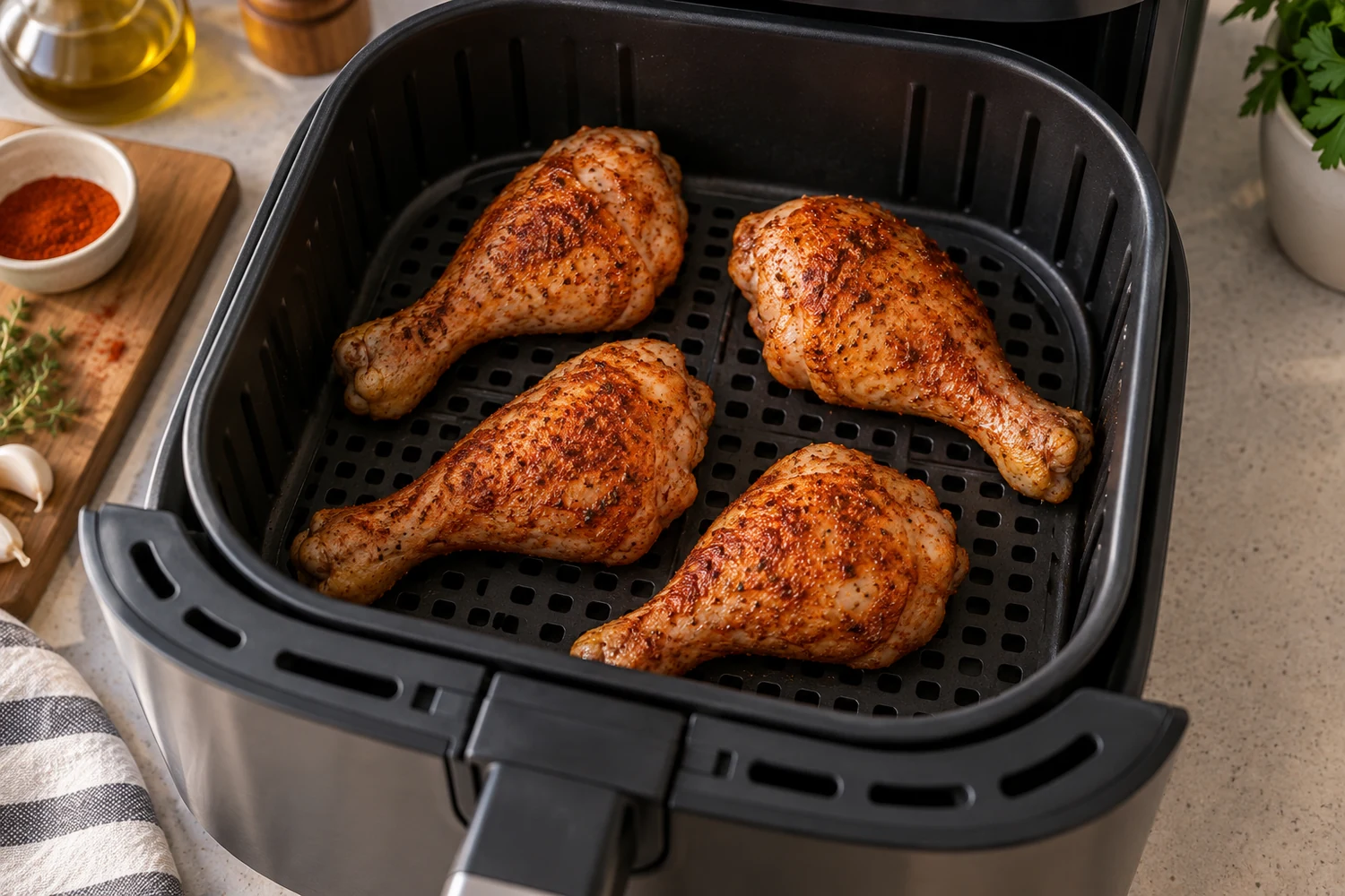 Gewürzte Hähnchenschenkel mit Abstand im Airfryer-Korb