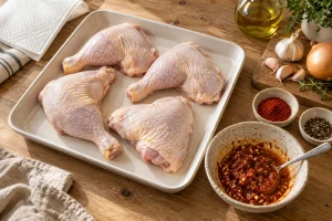 Rohe Hähnchenschenkel mit Paprika-Gewürzpaste und Öl