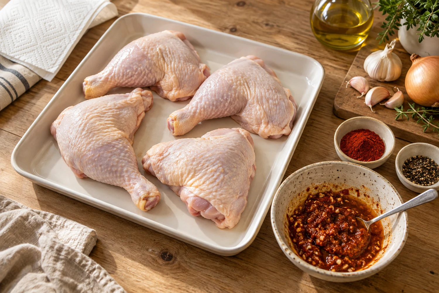 Rohe Hähnchenschenkel mit Paprika-Gewürzpaste und Öl