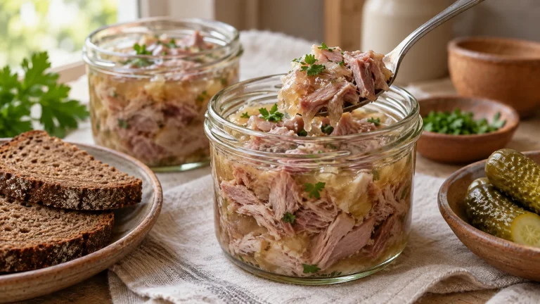 Zartes Haxenfleisch in Gelee in offenen Portionsgläsern mit Brot und Gewürzgurken