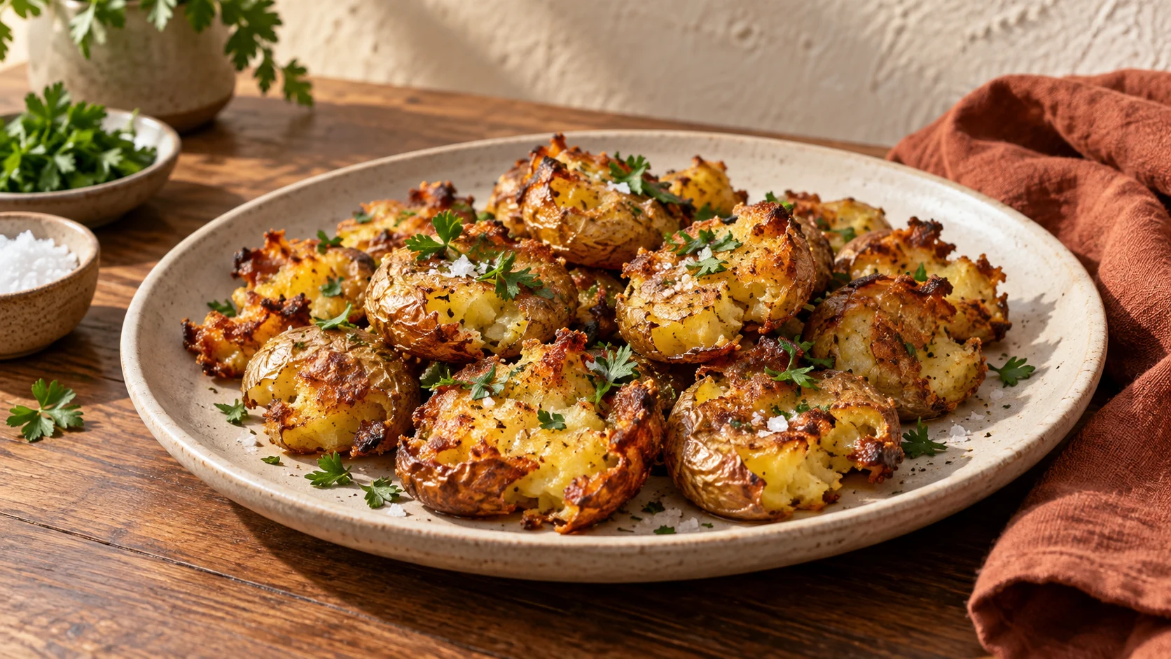 Knusprige Smashed Potatoes aus dem Airfryer mit Petersilie auf einer hellen Keramikplatte