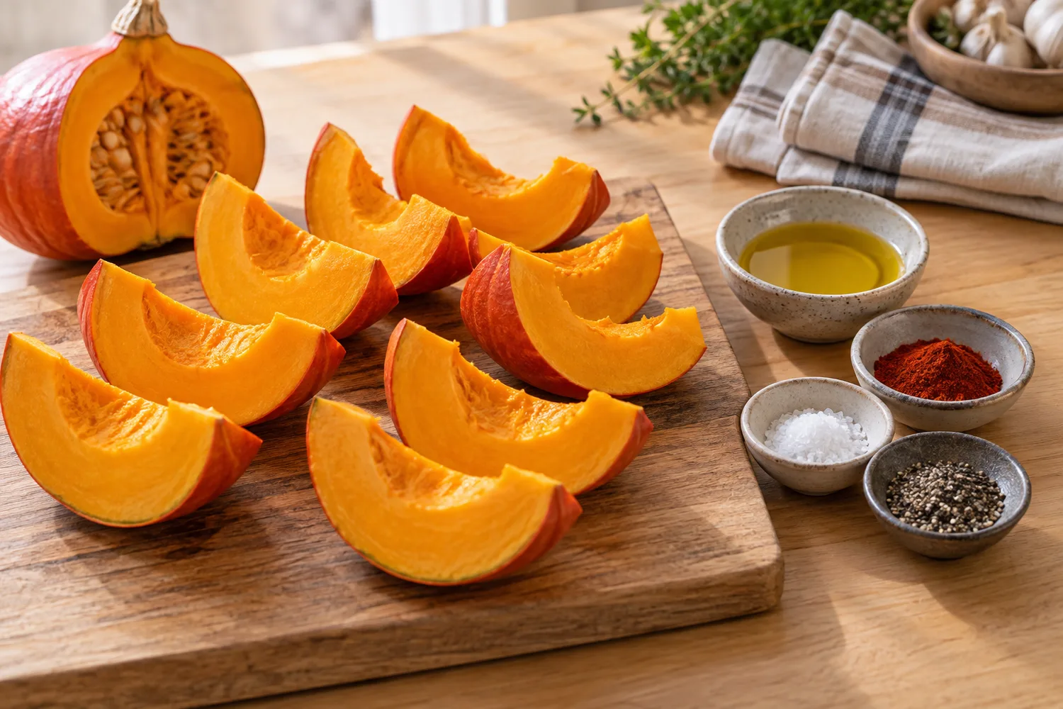 Gleichmäßig geschnittene Hokkaido-Spalten mit Öl, Paprika, Salz und Pfeffer