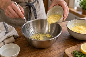 Geronnene Sauce Hollandaise wird langsam in einer sauberen Schüssel wieder aufgeschlagen