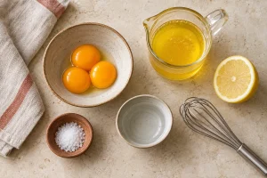 Eigelb, geklärte Butter, Zitrone, Wasser, Salz und Schneebesen für Sauce Hollandaise