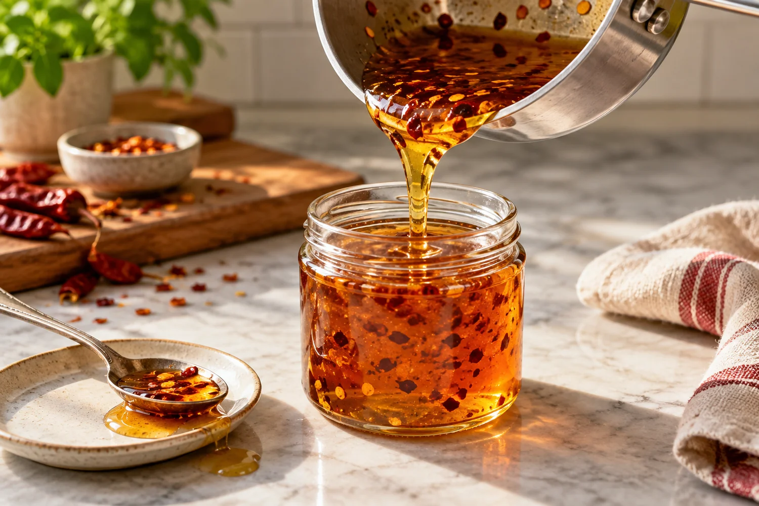 Warmer Hot Honey wird in ein sauberes trockenes Glas gegossen