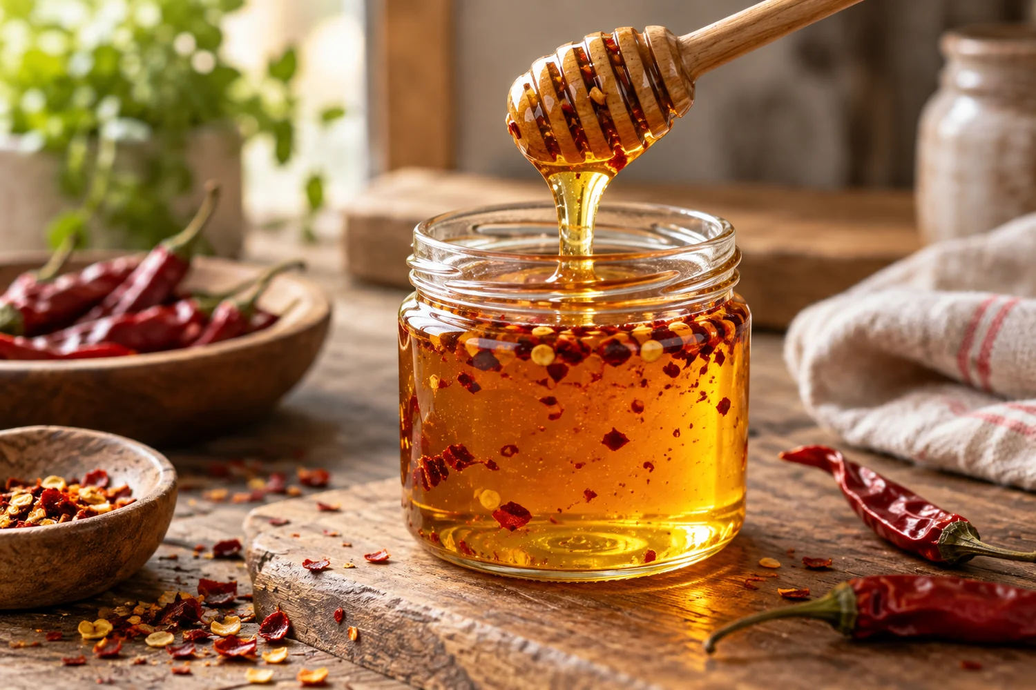 Glas mit goldenem Hot Honey und Chiliflocken neben einem Honiglöffel