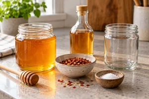 Honig, getrocknete Chiliflocken, Apfelessig, Salz und sauberes Glas für Hot Honey