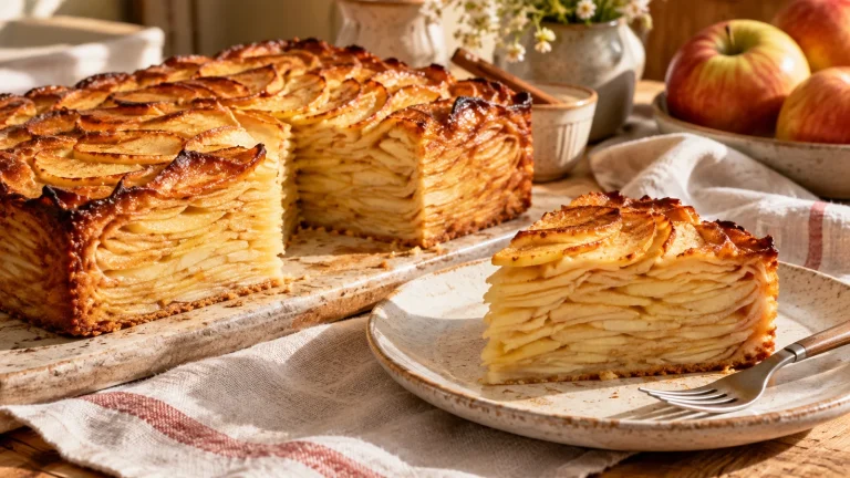 Angeschnittener Invisible Apple Cake mit vielen dünnen Apfelschichten und goldbrauner Oberfläche