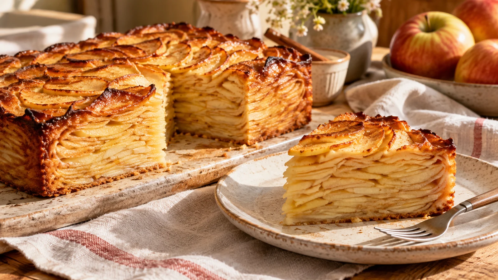 Angeschnittener Invisible Apple Cake mit vielen dünnen Apfelschichten und goldbrauner Oberfläche