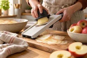 Äpfel werden mit dem Hobel in sehr dünne Scheiben geschnitten