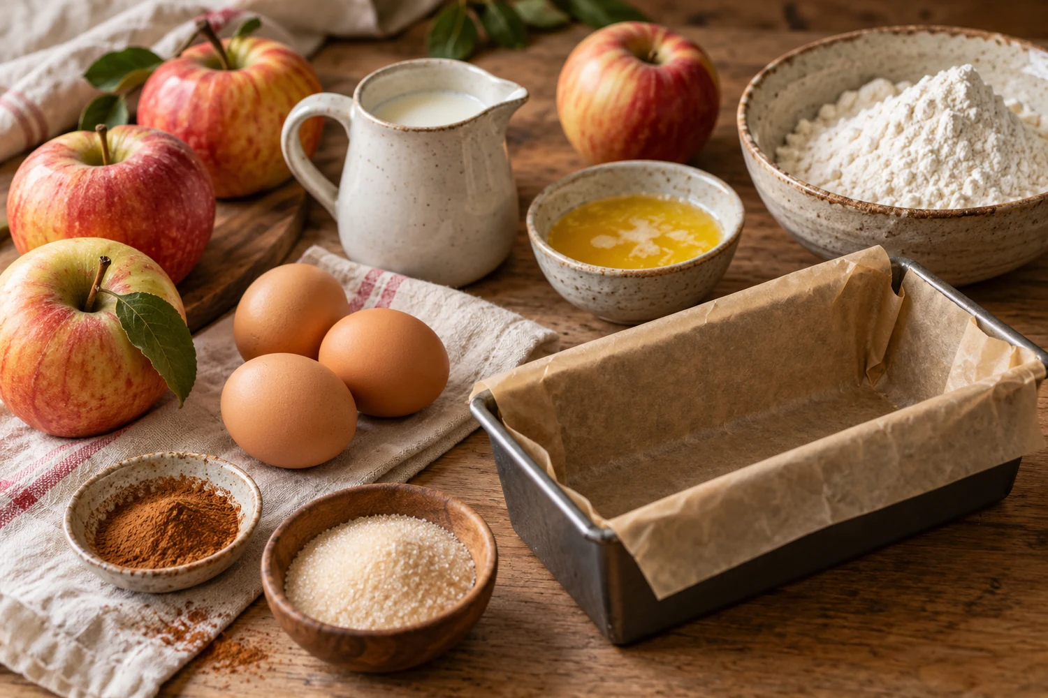 Äpfel, Eier, Milch, Butter, wenig Mehl und kleine Kastenform für Invisible Apple Cake