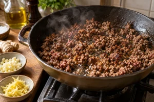 Rinderhackfleisch wird in der Pfanne kräftig angebraten