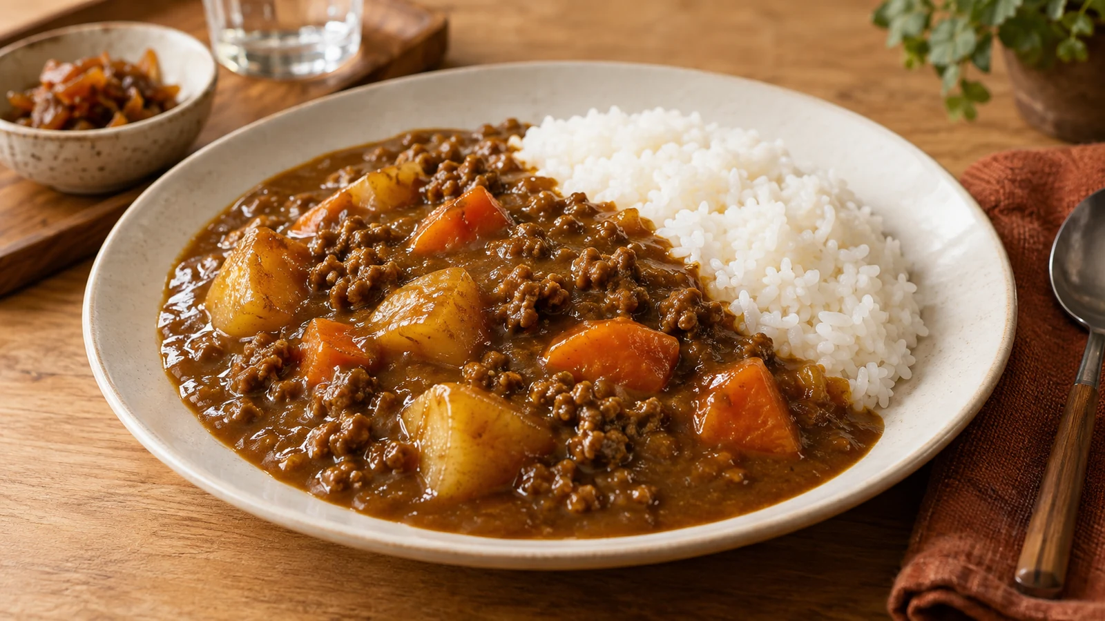 Japanisches Curry mit Hackfleisch, Kartoffeln und Möhren neben weißem Reis