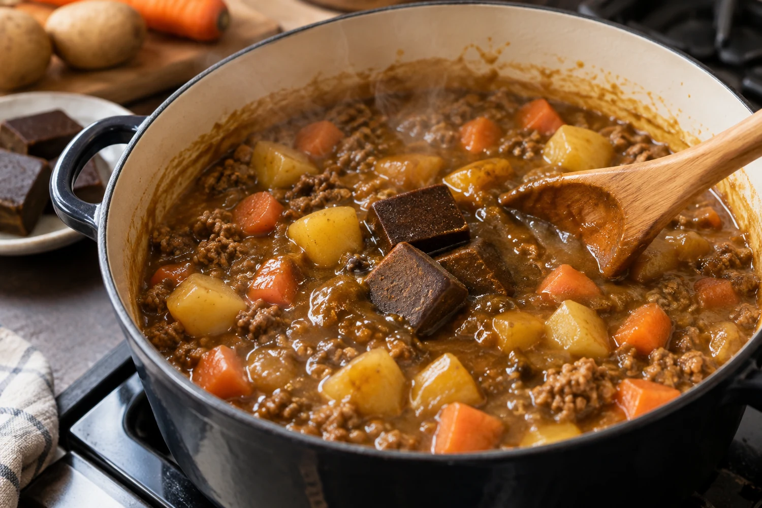 Curry-Roux wird in Kartoffel-Hackfleisch-Sauce eingerührt