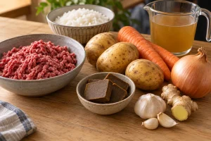 Hackfleisch, Kartoffeln, Möhren, Reis und japanischer Curry-Roux