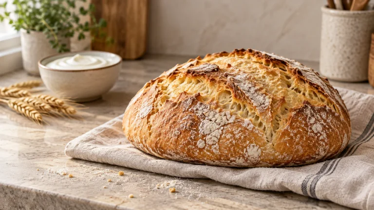 Frisch gebackenes Joghurtbrot mit goldbrauner Kruste auf einem Leinentuch
