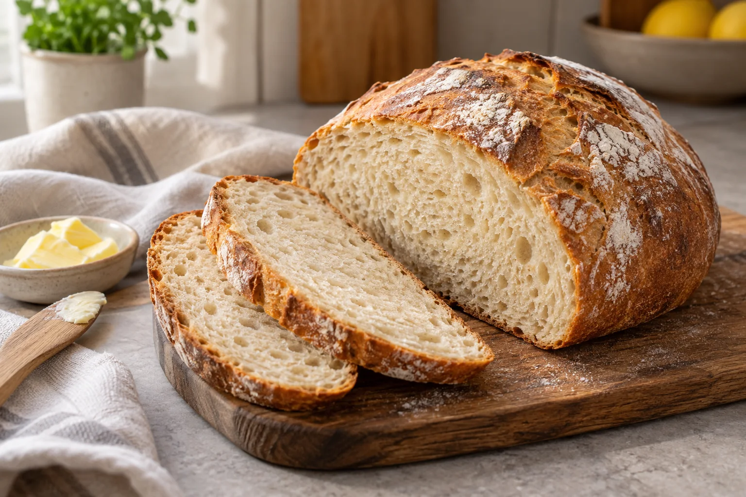 Aufgeschnittenes Joghurtbrot mit lockerer Krume und zwei Brotscheiben