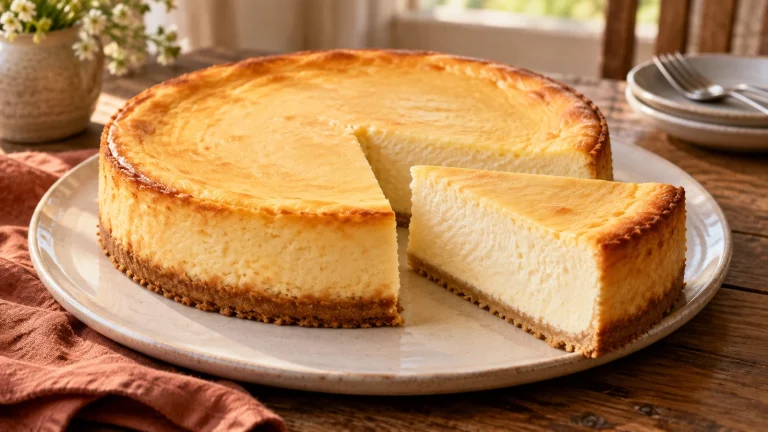 Klassischer Käsekuchen mit goldener Oberfläche und einem angeschnittenen Stück auf heller Platte