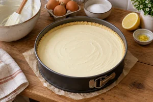 Ungebackener Käsekuchen mit glatter Quarkfüllung in einer Springform mit Mürbeteigrand