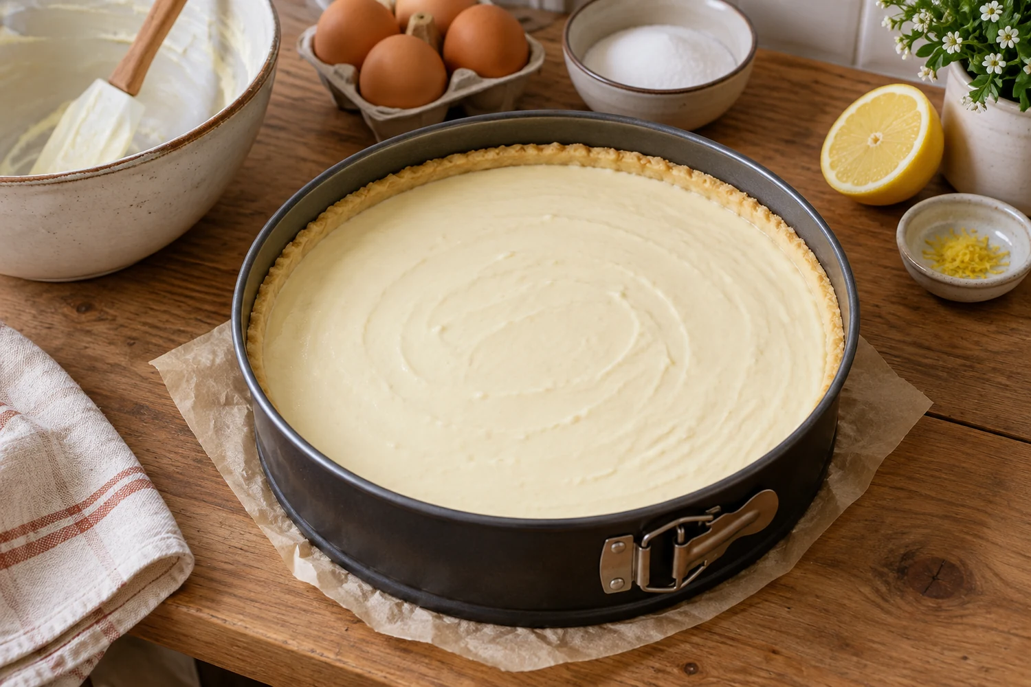 Ungebackener Käsekuchen mit glatter Quarkfüllung in einer Springform mit Mürbeteigrand