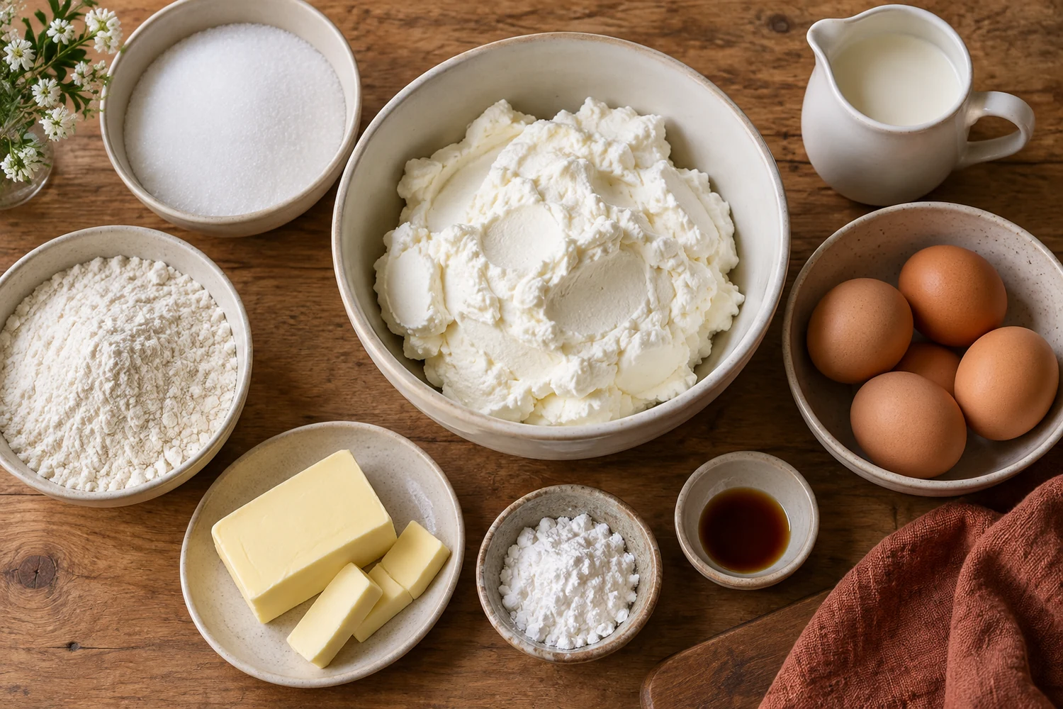 Magerquark, Eier, Zucker, Mehl, Stärke, Butter, Sahne und Vanille für Käsekuchen