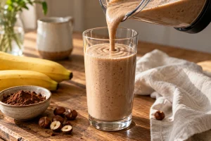 Cremiger Kaffee-Smoothie fließt in ein hohes Glas
