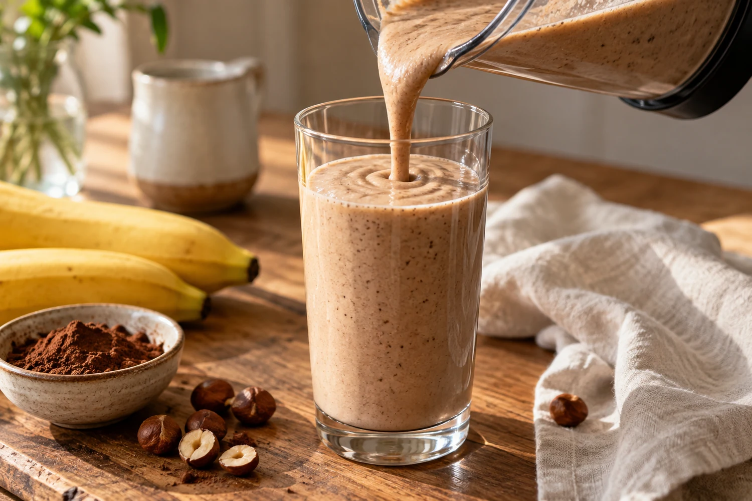 Cremiger Kaffee-Smoothie fließt in ein hohes Glas
