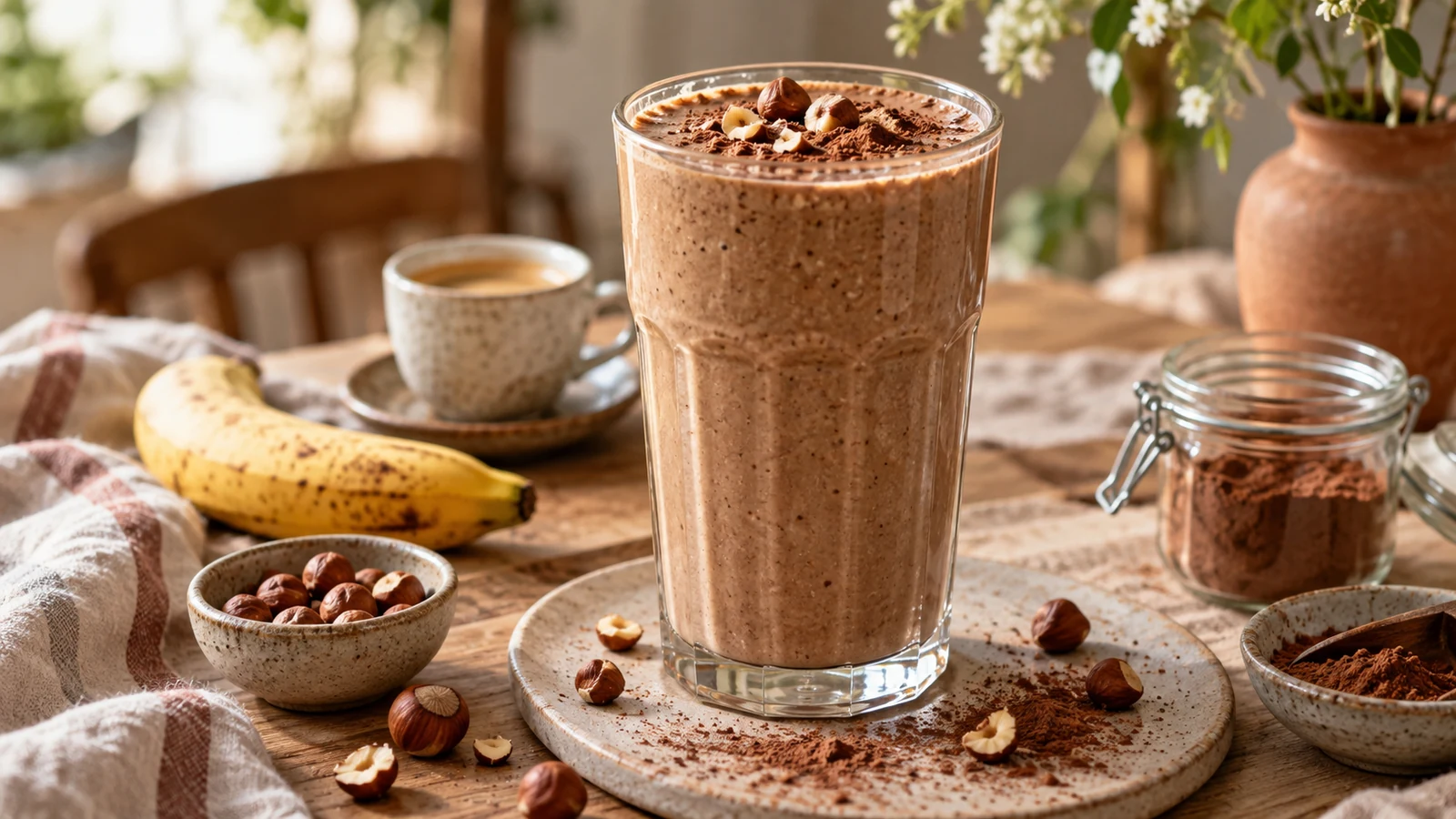 Cremiger Kaffee-Bananen-Smoothie im Glas mit Haselnüssen und Kakao