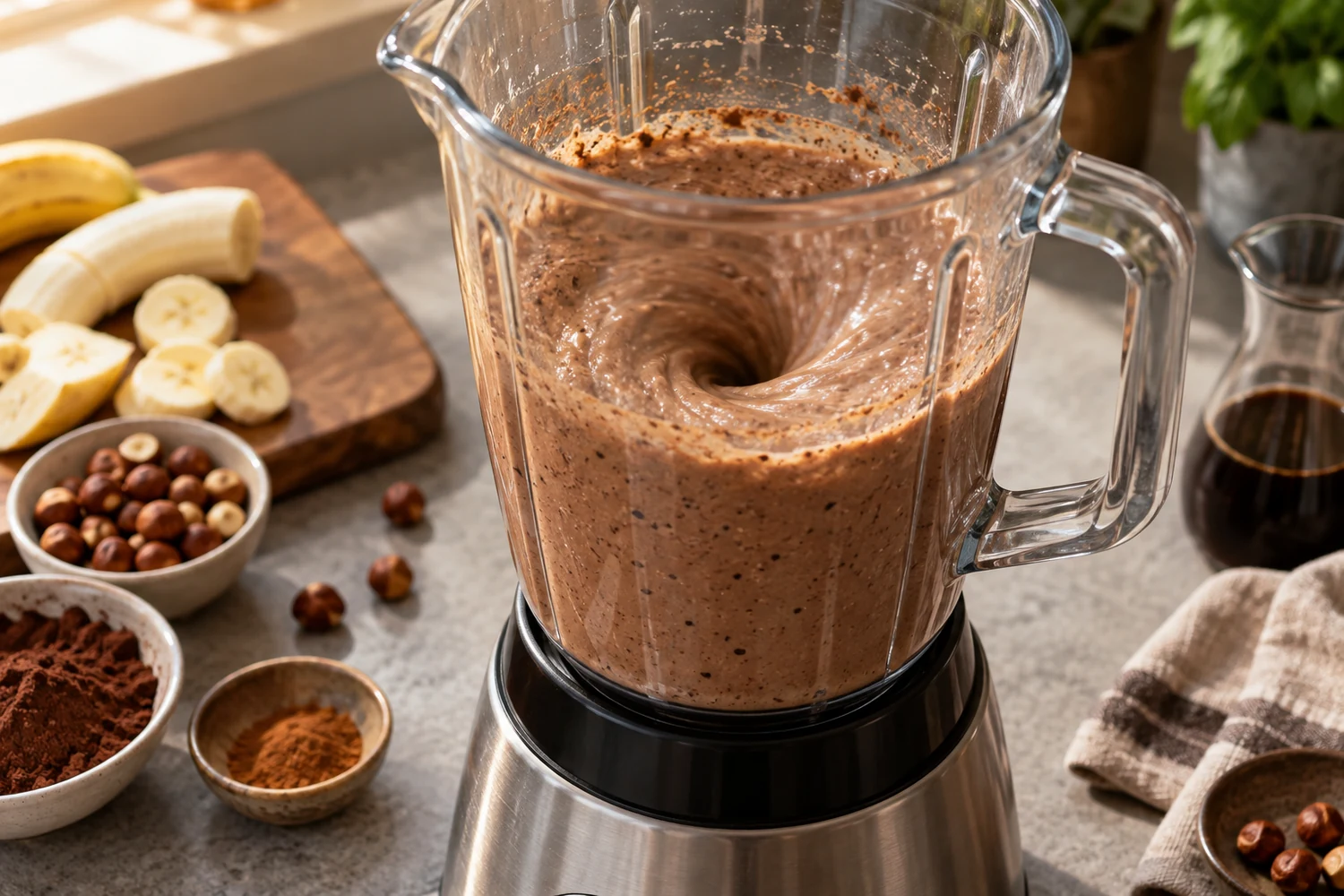 Kaffee, Banane und Haselnüsse werden im Mixer cremig gemixt