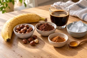 Banane, Haselnüsse, Kakao, Kaffee und Zimt für einen Smoothie