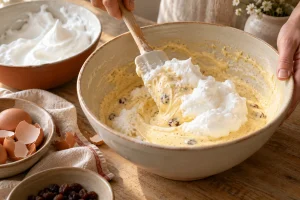Steifer Eischnee wird vorsichtig unter hellen Kaiserschmarrn-Teig gehoben