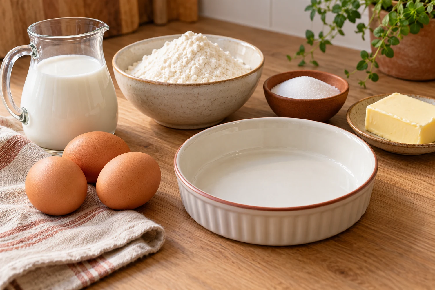Eier, Milch, Mehl, Butter, Zucker und kleine Airfryer-Form
