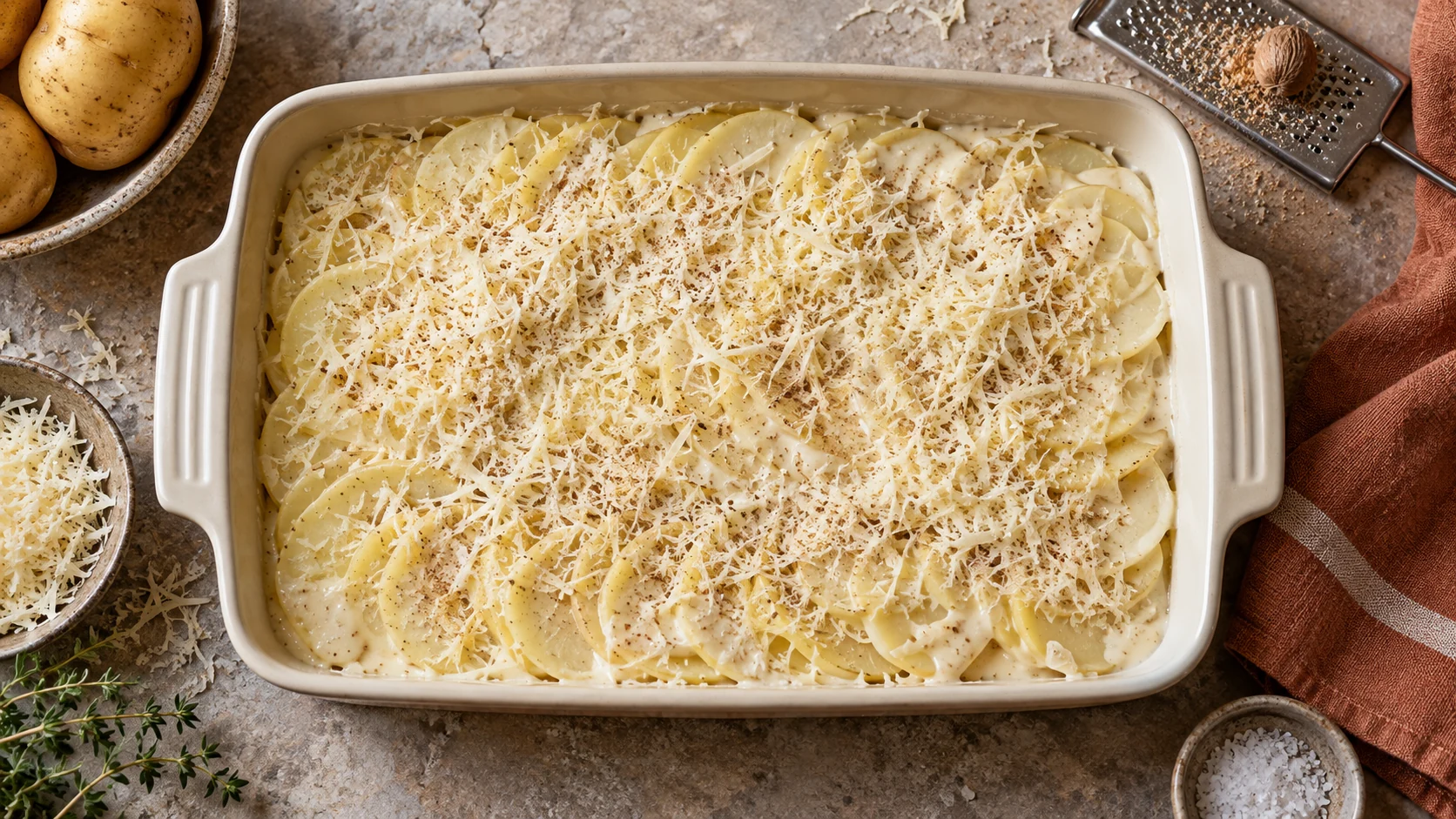 Kartoffelauflauf ist mit Sauce und Käse fertig für den Backofen geschichtet