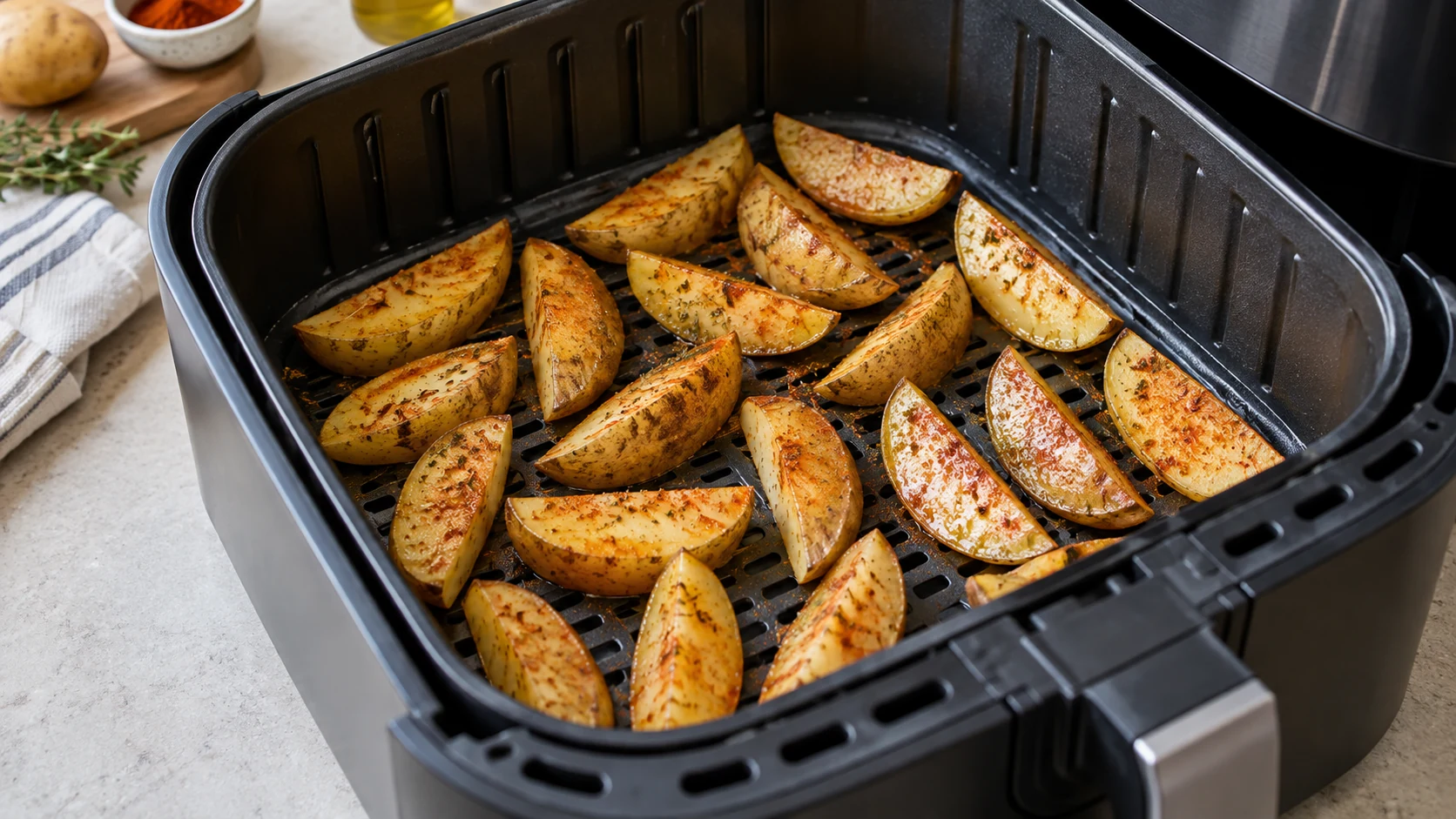 Gewürzte Kartoffelspalten liegen in einer Lage im Airfryer-Korb