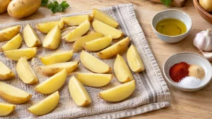 Gleichmäßig geschnittene Kartoffelspalten werden auf einem Küchentuch getrocknet