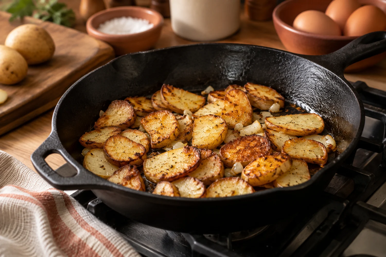 Goldbraune Kartoffelscheiben beim Braten vor Zugabe der Eier