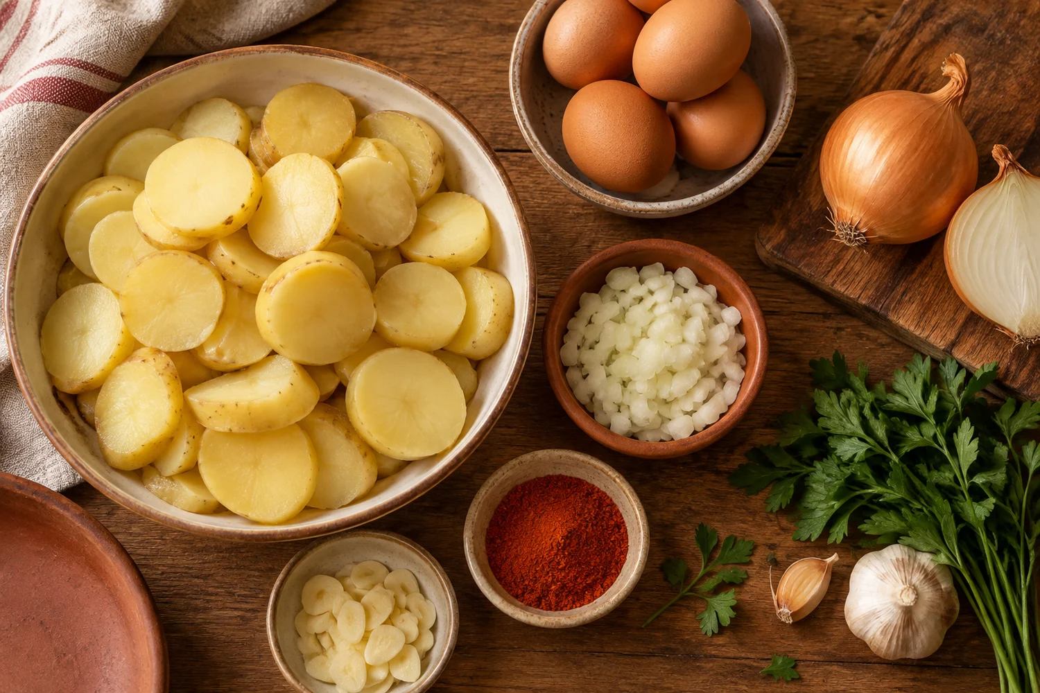 Kartoffeln, Eier, Knoblauch und Paprikapulver für die Kartoffelpfanne