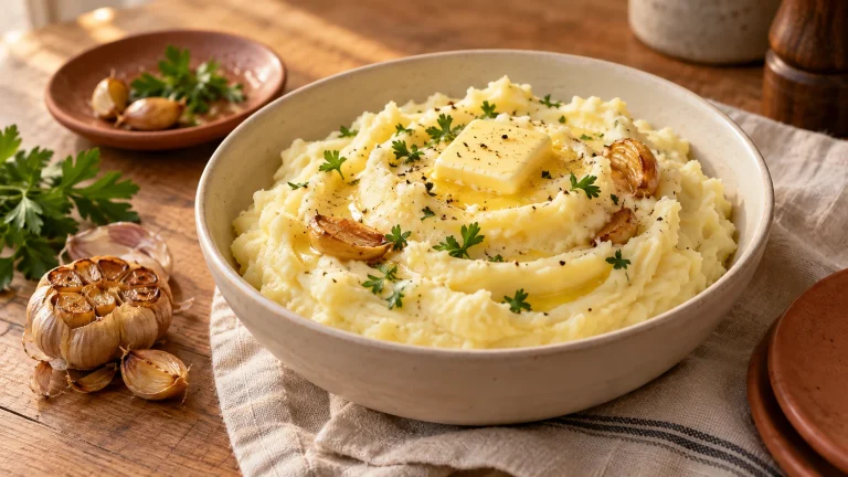 Cremiges Kartoffelpüree mit geröstetem Knoblauch und Butter