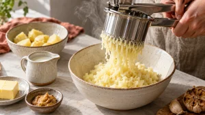 Gekochte Kartoffeln werden für das Püree durch die Kartoffelpresse gedrückt