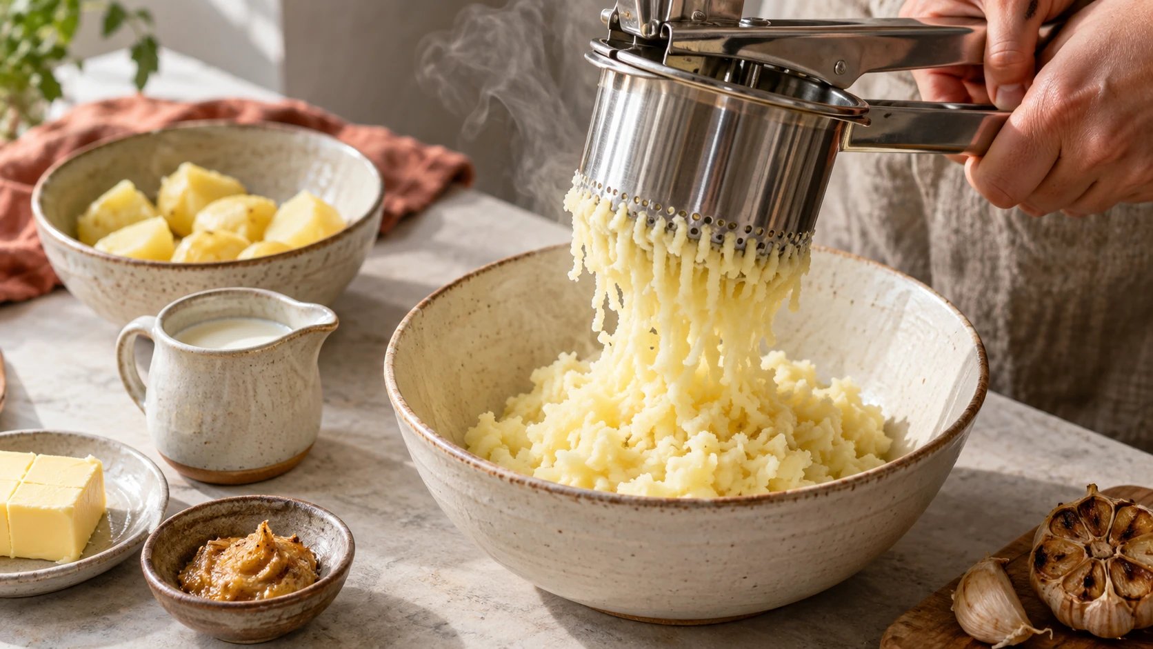 Gekochte Kartoffeln werden für das Püree durch die Kartoffelpresse gedrückt
