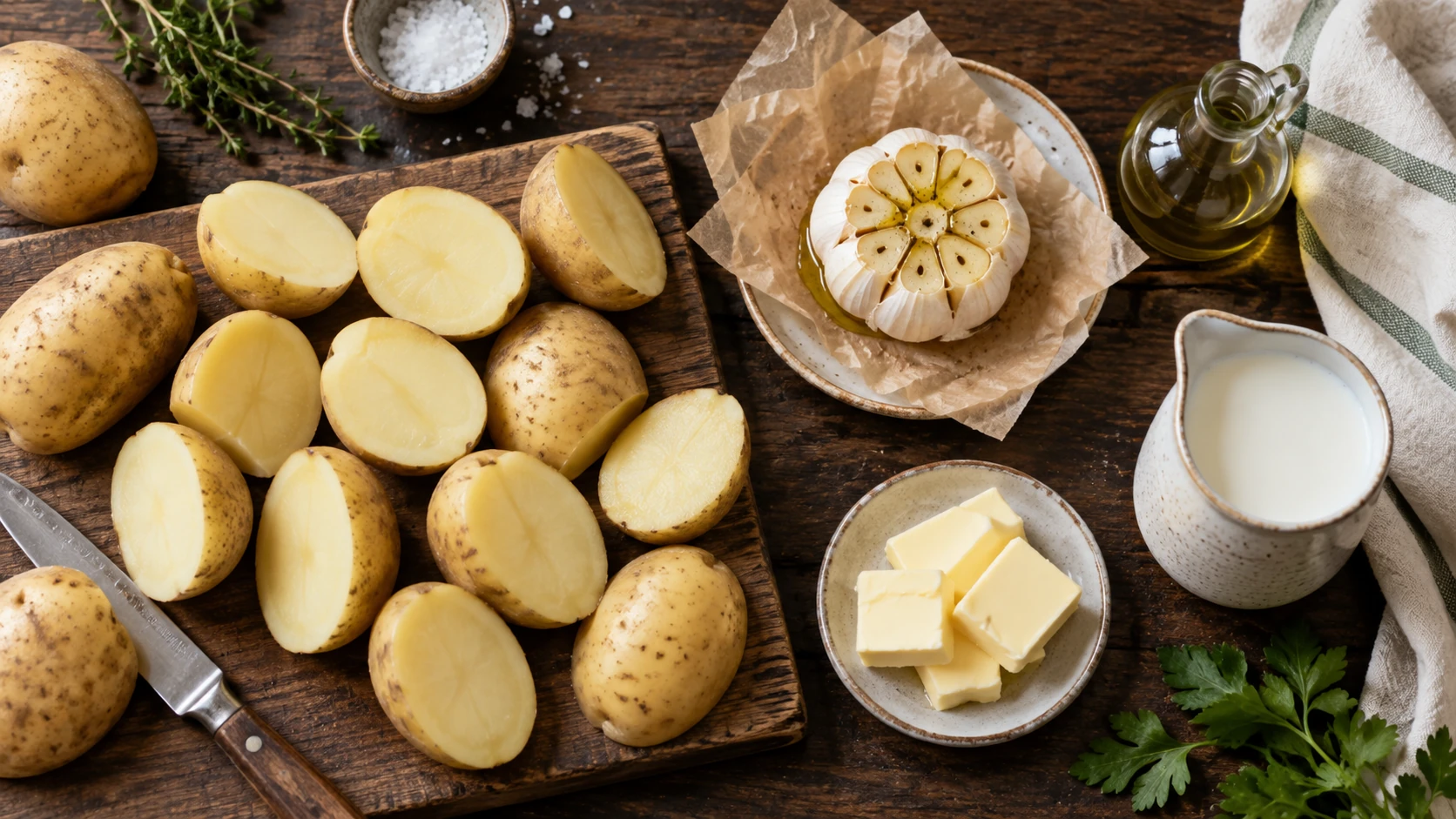 Kartoffeln, Knoblauch, Butter und Milch für aromatisches Kartoffelpüree
