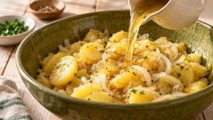 Warme Brühe wird über Kartoffelscheiben und Zwiebeln gegossen